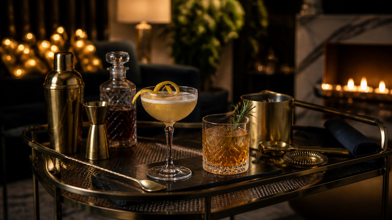 Intimate home party bar cart with craft cocktails and brass bartending tools