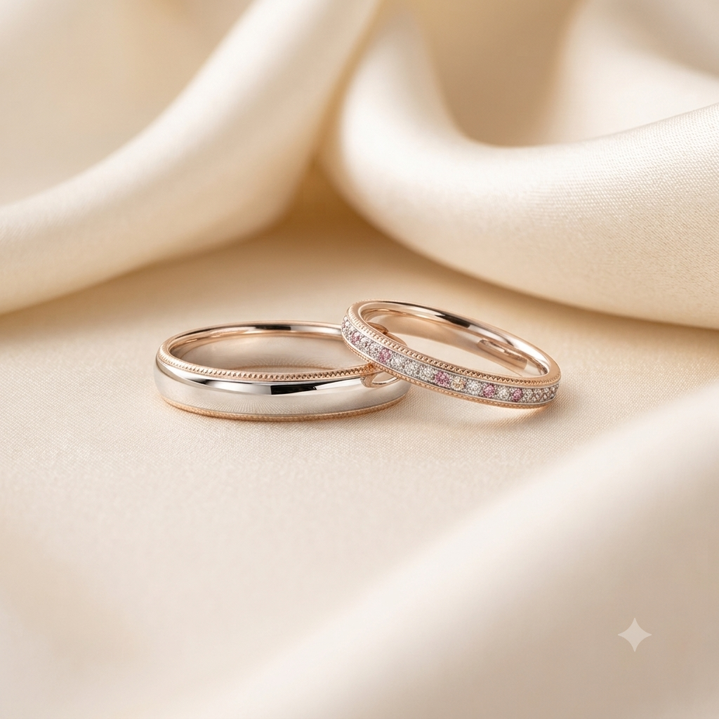 Elegant wedding rings on silk fabric representing Signature Wedding package