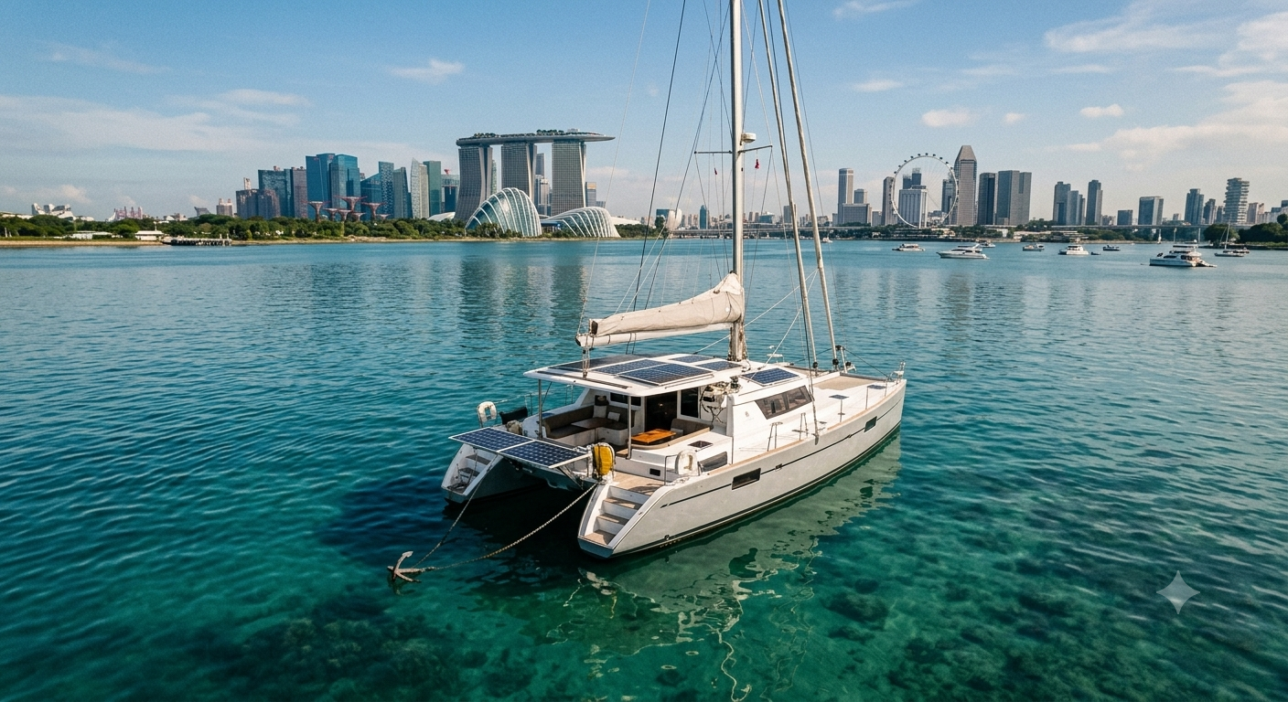 Luxury yacht anchored in Singapore Marina Bay with city skyline