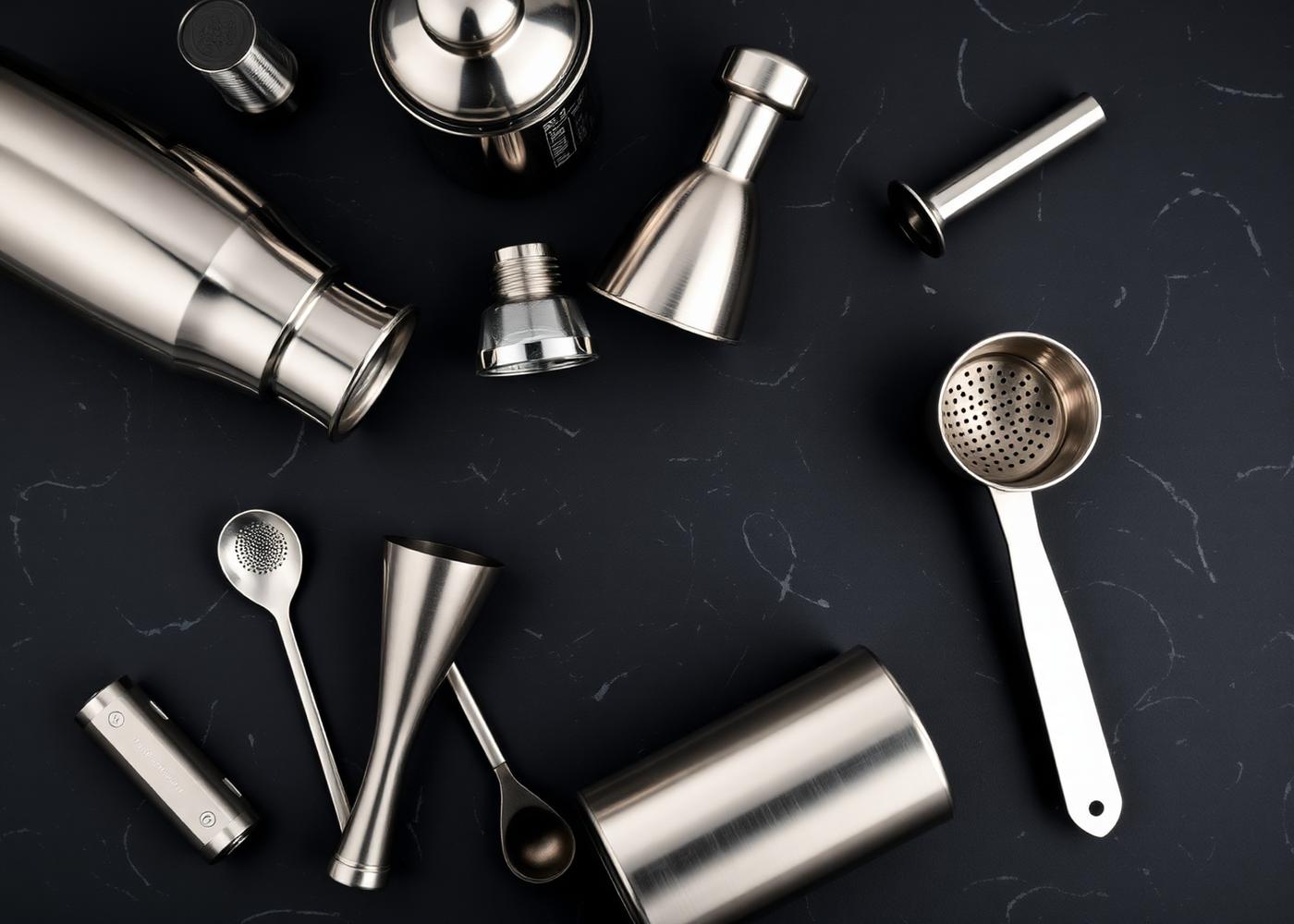 Professional mixologist bar tools including shakers, jiggers and strainers for mobile bartending in Singapore