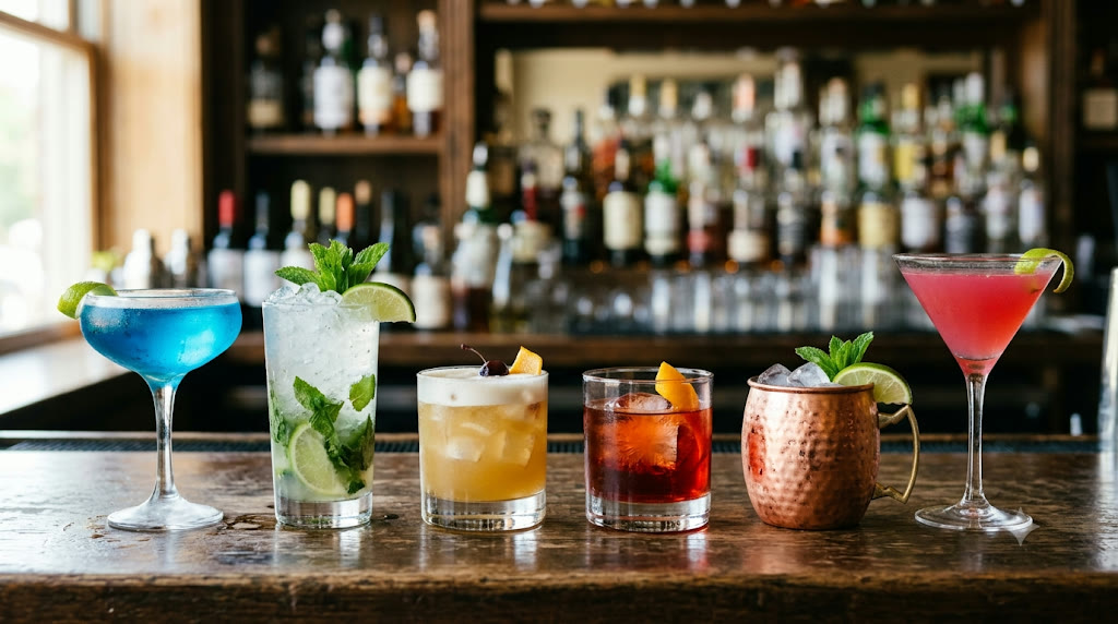 Mobile cocktail bar setup for a Singapore wedding with a lineup of freshly made craft cocktails