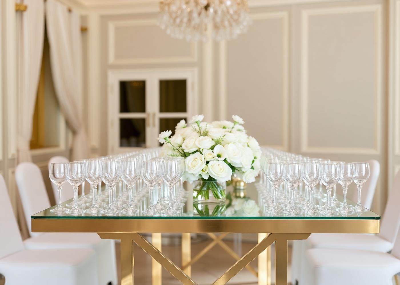 Mobile cocktail bar setup for a Singapore wedding with crystal glassware and white florals